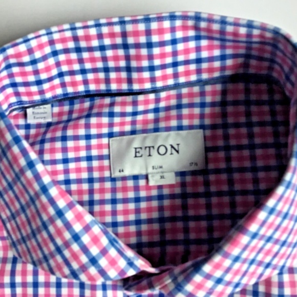 ETON Slim, pinkish red & blue checkered dressy cotton shirt Sz 17.5 /44 - Picture 7 of 10
